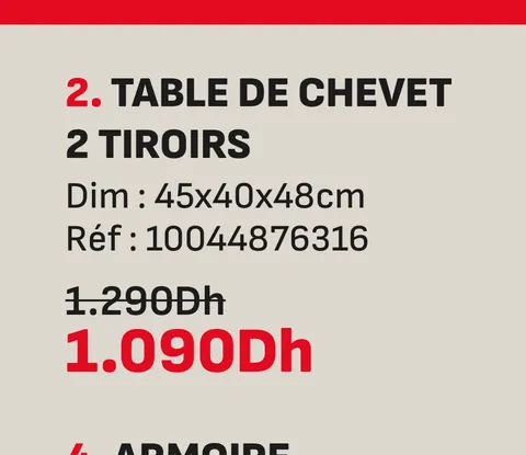 Table de chevet 2 tiroirs 45x40x48cm
