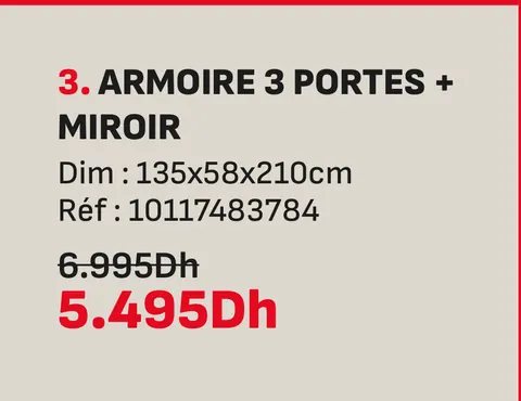 Armoire 3 portes miroir 135x58x210cm
