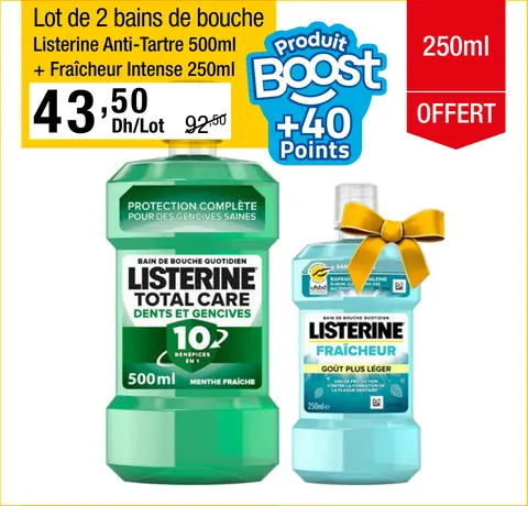 Lot de 2 bains de bouche Listerine Anti-Tartre 500ml 250ml Fraîcheur Intense 250ml