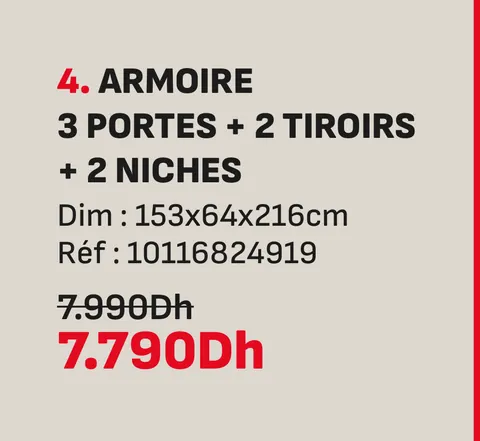 Armoire 3 portes 2 tiroirs 2 niches 153x64x216cm