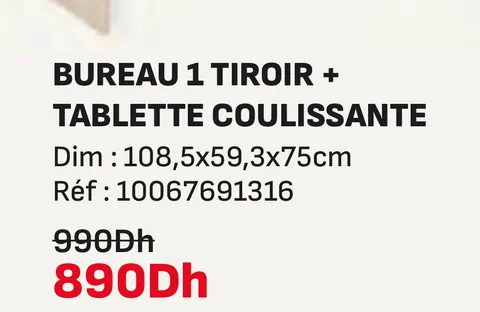 Bureau 1 tiroir tablette coulissante 108,5x59,3x75cm