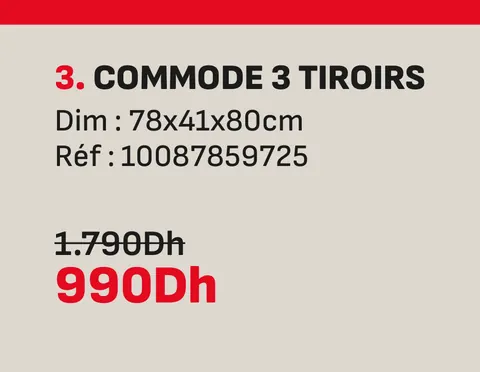 Commode 3 tiroirs 78x41x80cm