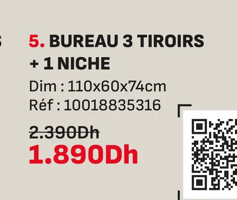 Bureau 3 tiroirs 1 niche 110x60x74cm