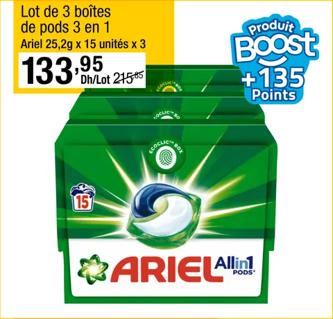 Lot de 3 boîtes de pods 3 en 1 Ariel 25,2g x 15 unités x 3