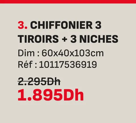 Chiffonier 3 tiroirs 3 niches 60x40x103cm