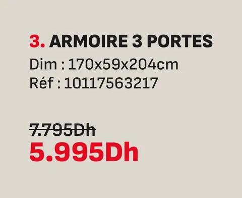 Armoire 3 portes 170x59x204cm