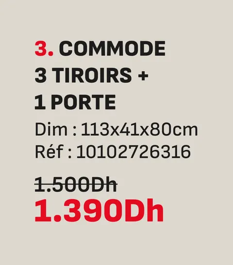 Commode 3 tiroirs 1 porte 113x41x80cm