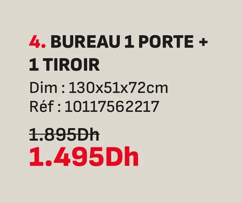 Bureau 1 porte 1 tiroir 130x51x72cm
