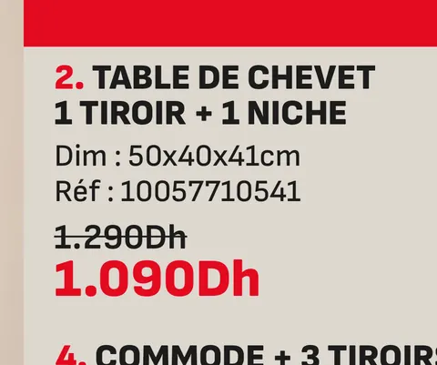 Table de chevet 1 tiroir 1 niche 50x40x41cm