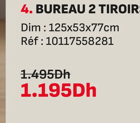 Bureau 2 tiroirs 125x53x77cm