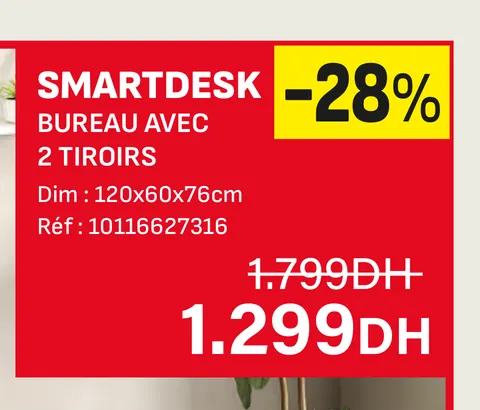 Smartdesk bureau avec 2 tiroirs 120x60x76cm
