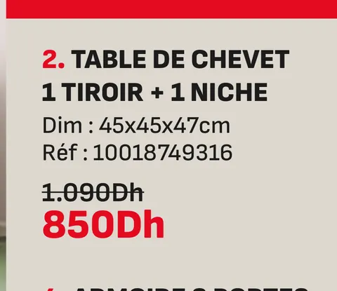 Table de chevet 1 tiroir 1 niche 45x45x47cm
