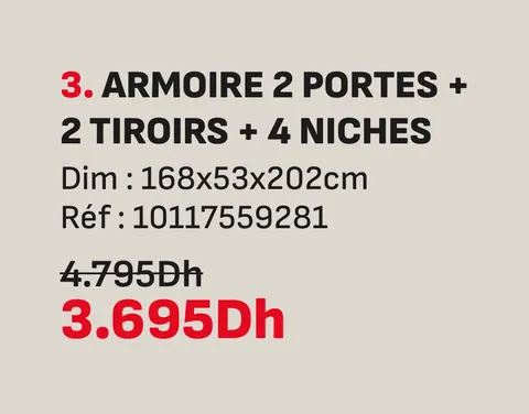 Armoire 2 portes 2 tiroirs 4 niches 168x53x202cm