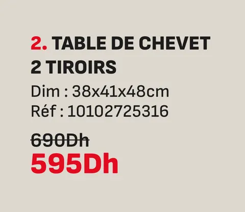 Table de chevet 2 tiroirs 38x41x48cm