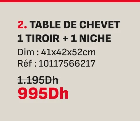 Table de chevet 1 tiroir 1 niche 41x42x52cm