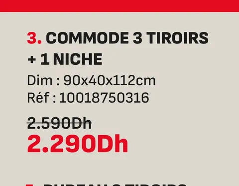 Commode 3 tiroirs 1 niche 90x40x112cm