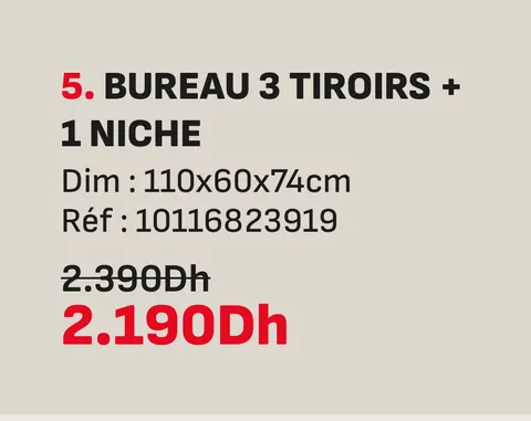 Bureau 3 tiroirs 1 niche 110x60x74cm