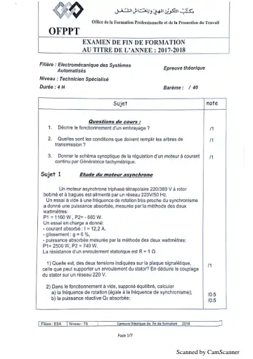 Première page : enonce examen de fin de formation 2018 ts esa theorique