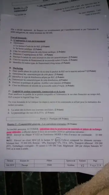 Première page : examen de passage gestion des entreprises tsge 2019 variante 2
