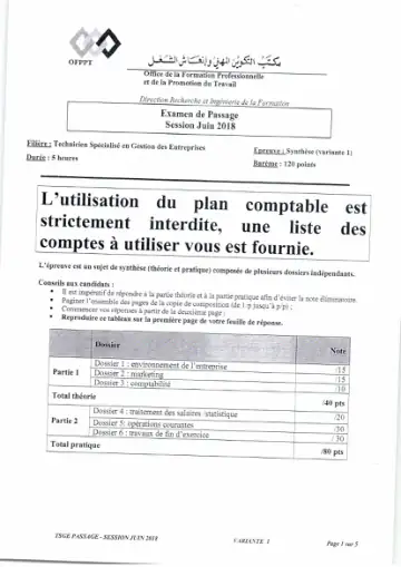 Première page : Examens de passage 2018 V1 ET V2