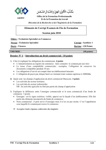 Première page : CORRIGE TSC EFF 2018 SYNTHESE 1
