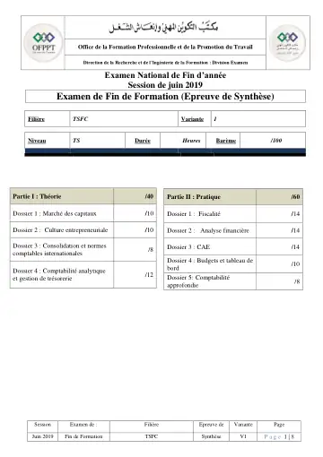 Première page : examen de fin de formation tsfc session de juin 2019 synthese variante 1