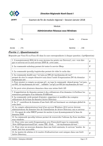 Première page : Corrigé EFM régional Administration réseau sous Windows 2018 Rabat-salé