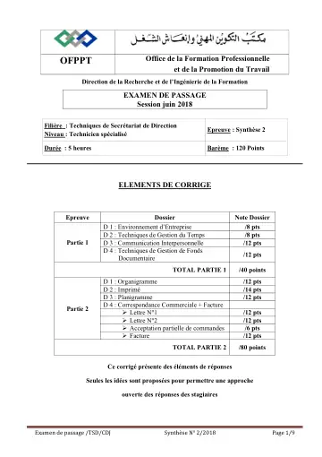 Première page : TSD PASSAGE corrige stnthese 2