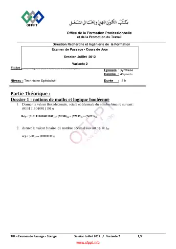 Première page : Correction d'Examen de passage 2012 - V2