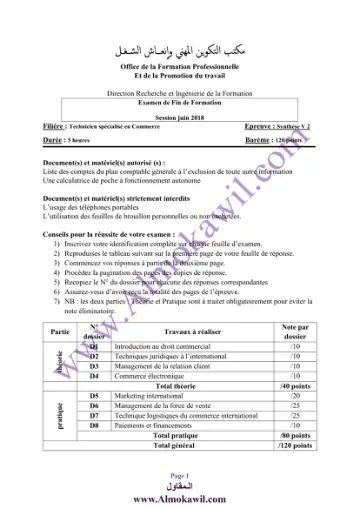 Première page : ofppt examen fin de formation tsc 2018 v2 commerce technicien spécialisé en commerce