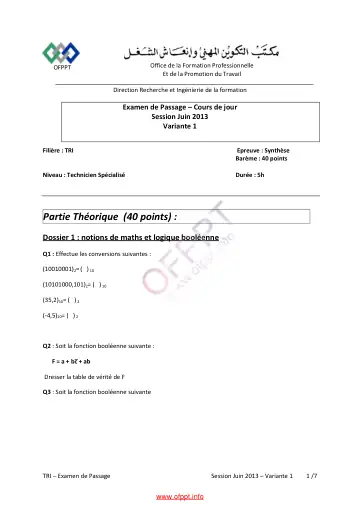 Première page : Examen de passage 2013 - V1
