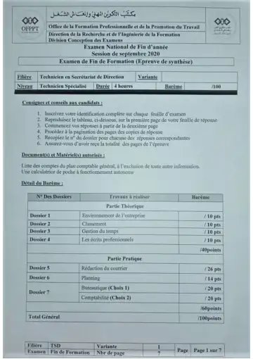 Première page : examen de fin formation 2020 Technicien specialisé en secrétariat de direction TSD