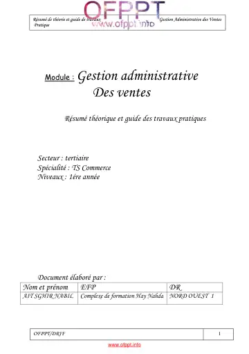 Première page : Module 11. Gestion administrative de vente - دروس التكوين المهني | Cours OFPPT Academy, Examen, EFM et offre