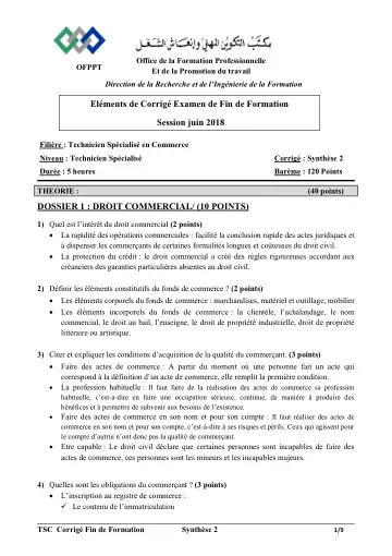 Première page : CORRIGE TSC EFF 2018 SYNTHESE 2