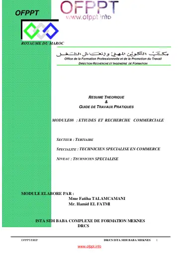 Première page : Module 8. Etudes et recherche commerciale - دروس التكوين المهني | Cours OFPPT Academy, Examen, EFM et offre