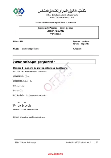 Première page : Examen de passage 2013 - V2