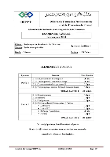 Première page : TSD PASSAGE CORRIGE EX PAS SYNTHESE N° 1