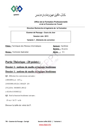 Première page : Correction d'Examen de passage 2013 - V1