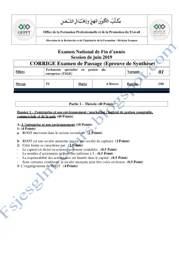 Première page : corrige examen de passage gestion des entreprises tsge 2019 variante 1