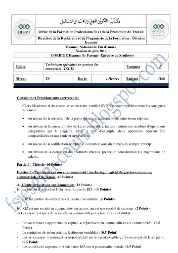Première page : corrige examen de passage gestion des entreprises tsge 2019 variante 2