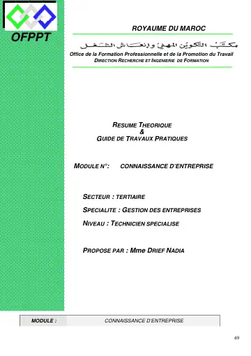 Première page : TSFC M104 Lentreprise et son environnement CMenvt de lEse CM