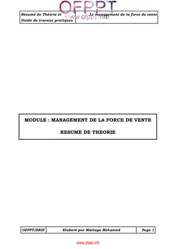 Première page : Module 14. Management de la force de vente - دروس التكوين المهني | Cours OFPPT Academy, Examen, EFM et offre