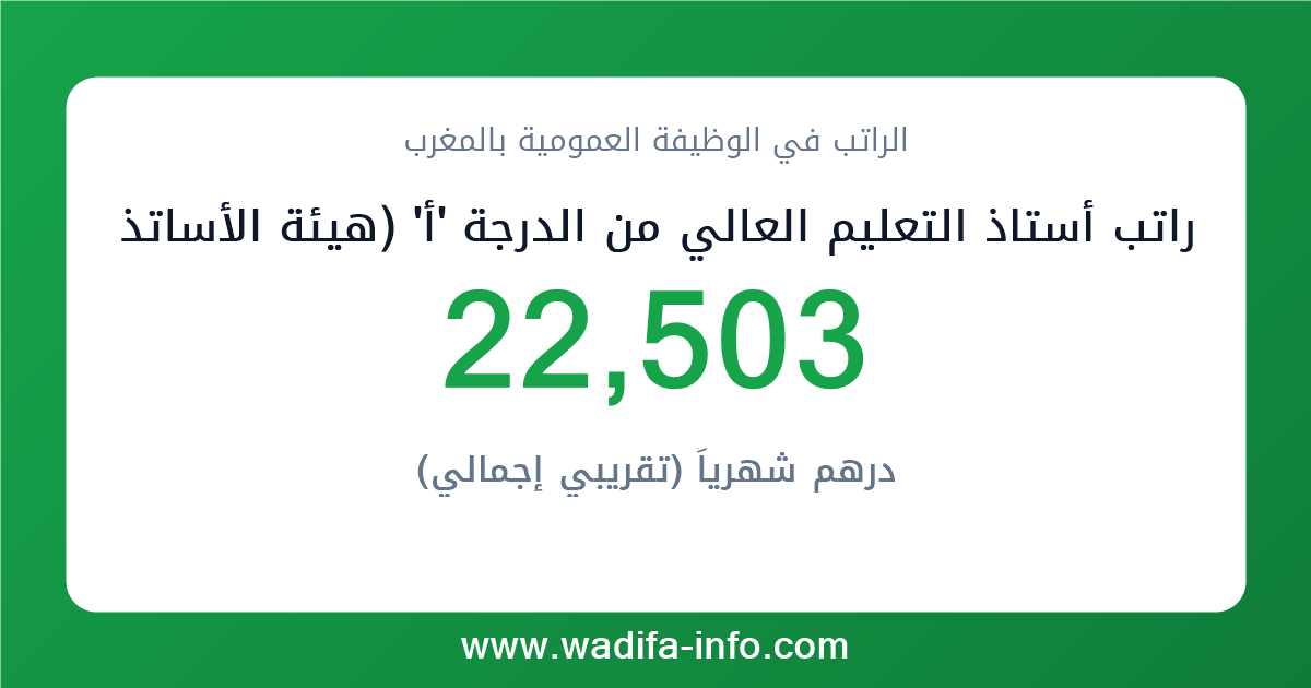 راتب أستاذ التعليم العالي من الدرجة 'أ' (هيئة الأساتذة الباحثين بالتعليم العالي) في المغرب 2026 — شبكة الأجور والتعويضات بالوظيفة العمومية