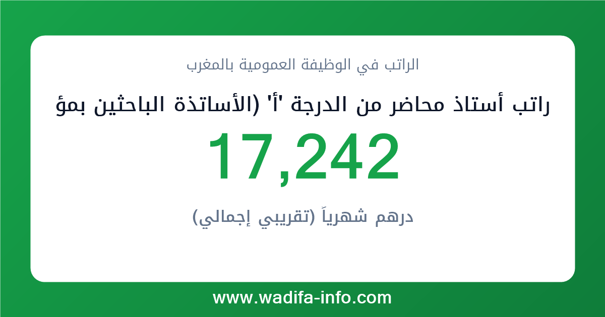 راتب أستاذ محاضر من الدرجة 'أ' (الأساتذة الباحثين بمؤسسات التعليم العالي غير التابعة للجامعات) في المغرب 2026 — شبكة الأجور والتعويضات بالوظيفة العمومية