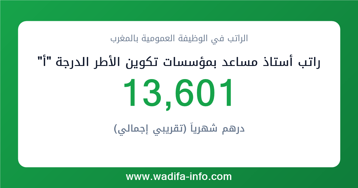 راتب أستاذ مساعد بمؤسسات تكوين الأطر الدرجة "أ" في المغرب 2026 — شبكة الأجور والتعويضات بالوظيفة العمومية