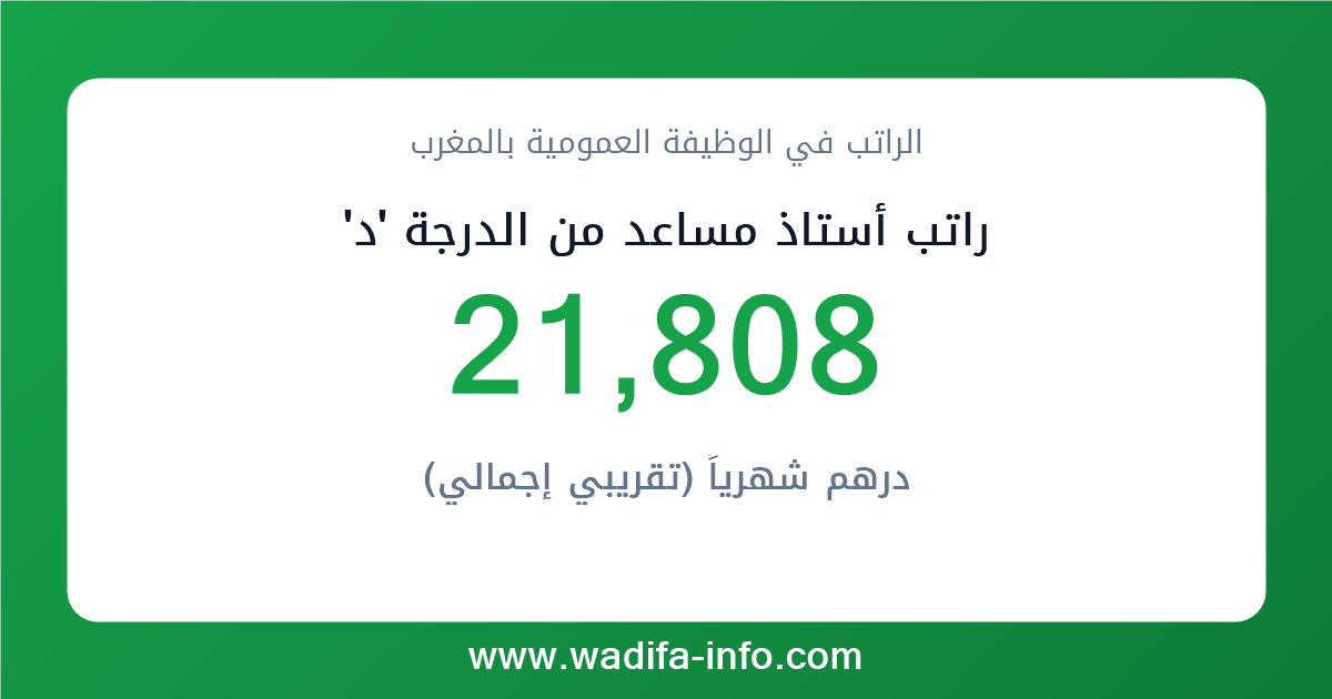 راتب أستاذ مساعد من الدرجة 'د' في المغرب 2026 — شبكة الأجور والتعويضات بالوظيفة العمومية