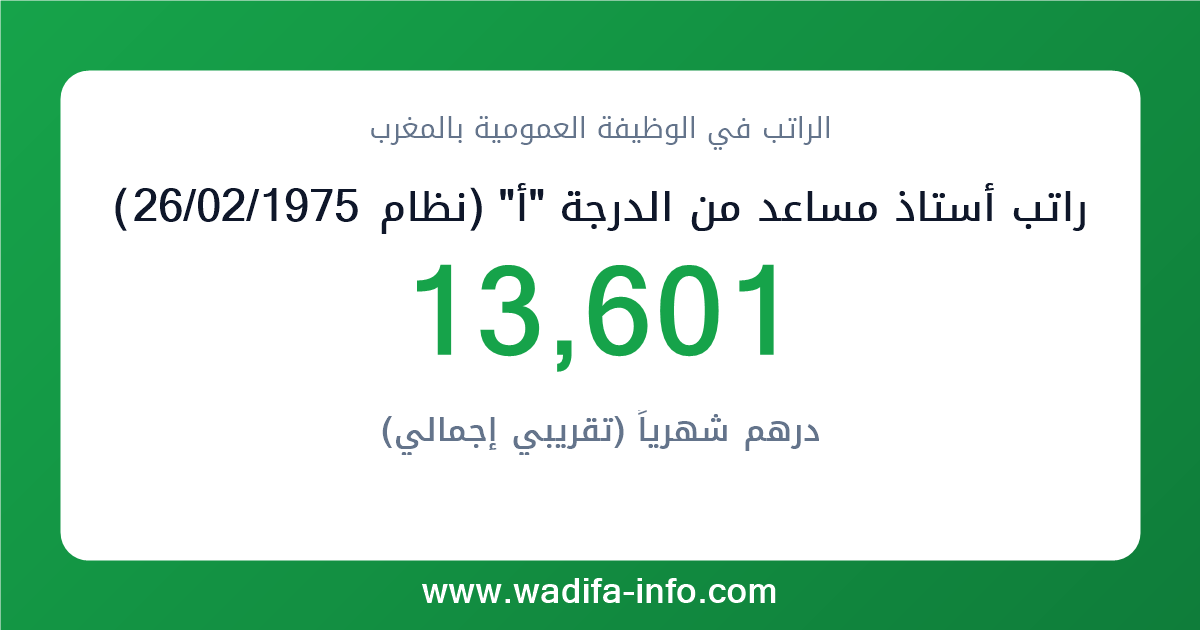 راتب أستاذ مساعد من الدرجة "أ" (نظام 26/02/1975) في المغرب 2026 — شبكة الأجور والتعويضات بالوظيفة العمومية