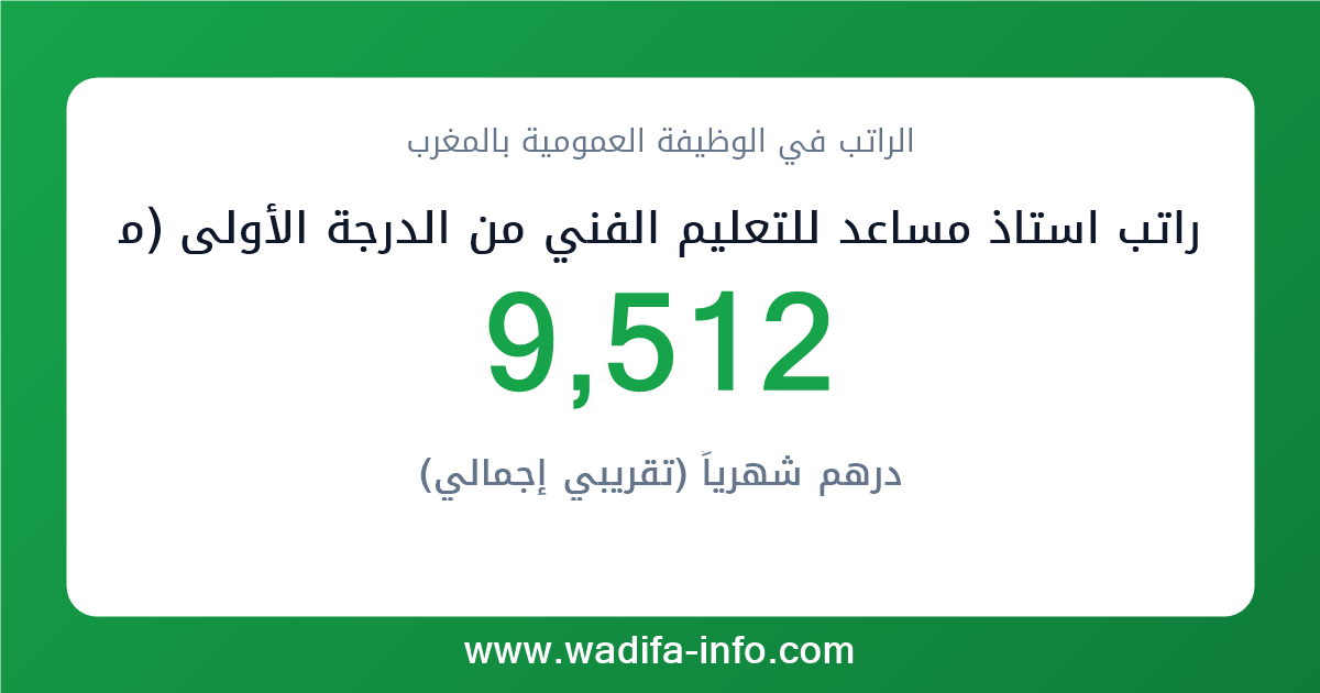 راتب استاذ مساعد للتعليم الفني من الدرجة الأولى (موظفي التفتيش و التعليم الفني المزاولون لمهام التدريس أو التفتيش) في المغرب 2026 — شبكة الأجور والتعويضات بالوظيفة العمومية