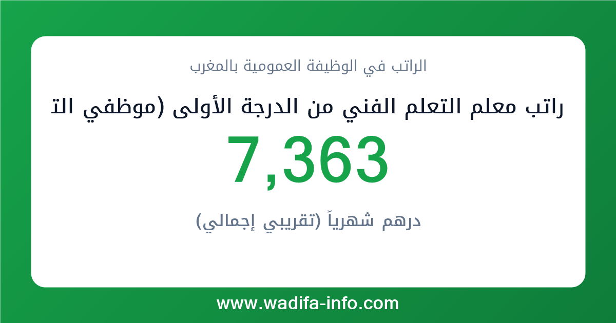 راتب معلم التعلم الفني من الدرجة الأولى (موظفي التفتيش و التعليم الفني المزاولون لمهام التدريس أو التفتيش) في المغرب 2026 — شبكة الأجور والتعويضات بالوظيفة العمومية