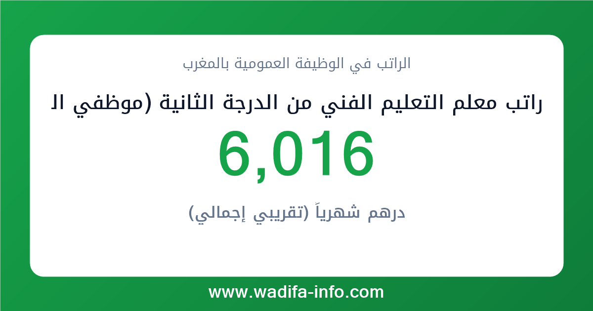 راتب معلم التعليم الفني من الدرجة الثانية (موظفي التفتيش و التعليم الفني المزاولون لمهام اخرى) في المغرب 2026 — شبكة الأجور والتعويضات بالوظيفة العمومية